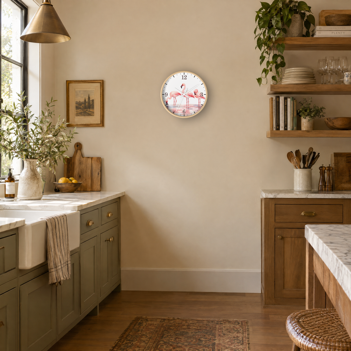 A round wall clock featuring a pink flamingo illustration on a white face, hanging on a beige wall in a styled kitchen with green cabinets, wooden shelves, and a marble countertop.