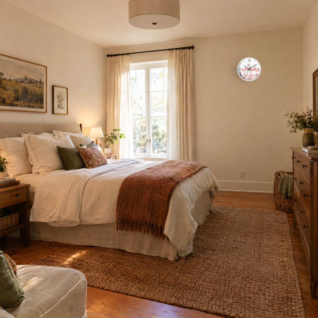 A beautifully styled bedroom featuring a bed dressed in white linens and a rust-colored throw blanket, set on a large woven jute rug. The room has warm beige walls, a window with sheer curtains, a wooden dresser, and framed artwork.
