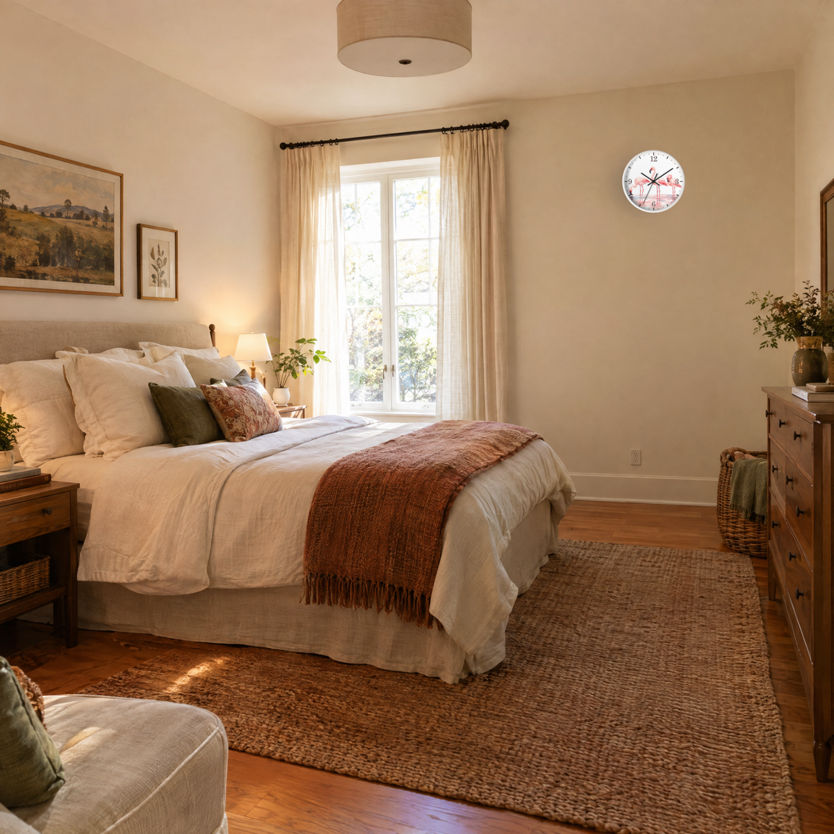 A beautifully styled bedroom featuring a bed dressed in white linens and a rust-colored throw blanket, set on a large woven jute rug. The room has warm beige walls, a window with sheer curtains, a wooden dresser, and framed artwork.