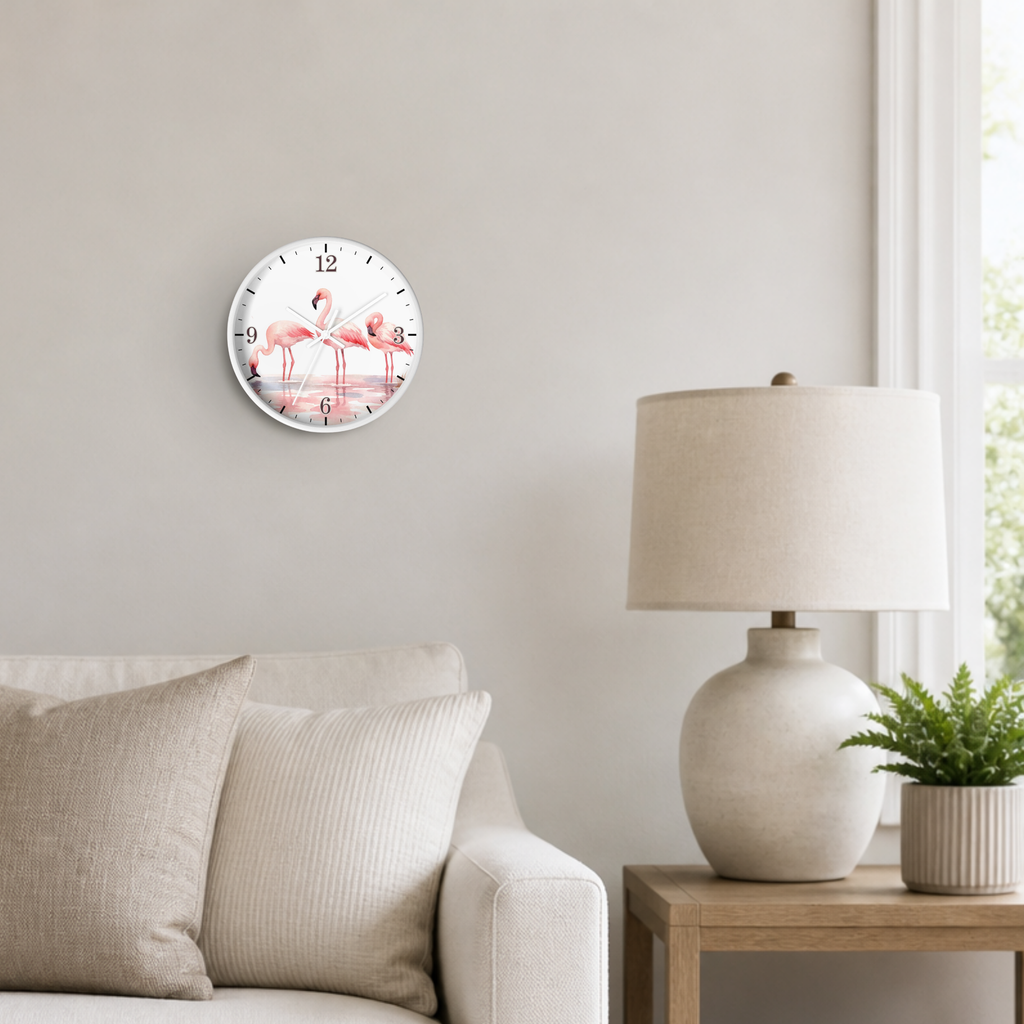 A round wall clock with a pink flamingo design on the face, mounted on a light beige wall in a styled living room setting next to a lamp and sofa.