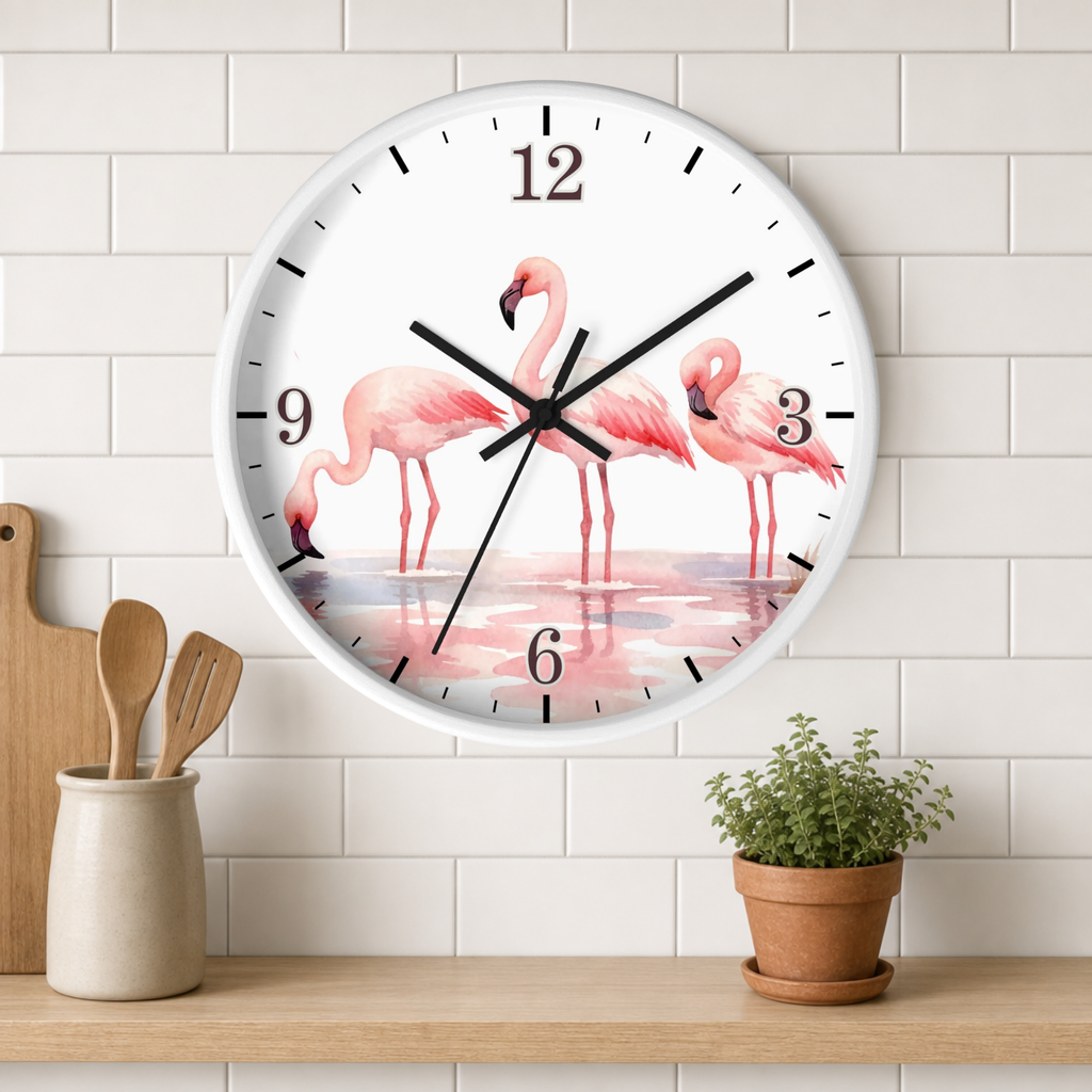 A round wall clock with a white face featuring two pink flamingos standing in shallow water, mounted on a white subway-tile wall above a wooden shelf with a small potted plant and kitchen utensils.