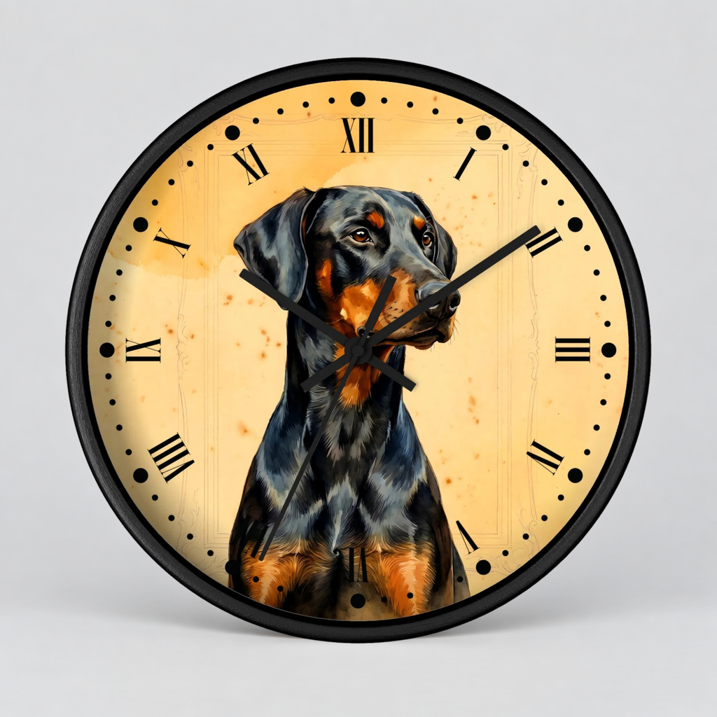 A round wall clock with a black frame and a printed dog portrait on the face. The clock has black Roman numerals and black hands, photographed against a light gray studio background.