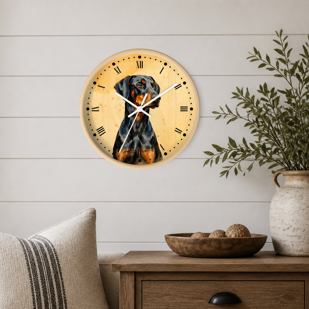 Doberman Pinscher Portrait Wall Clock — Rustic Dog Decor for Pet Lovers