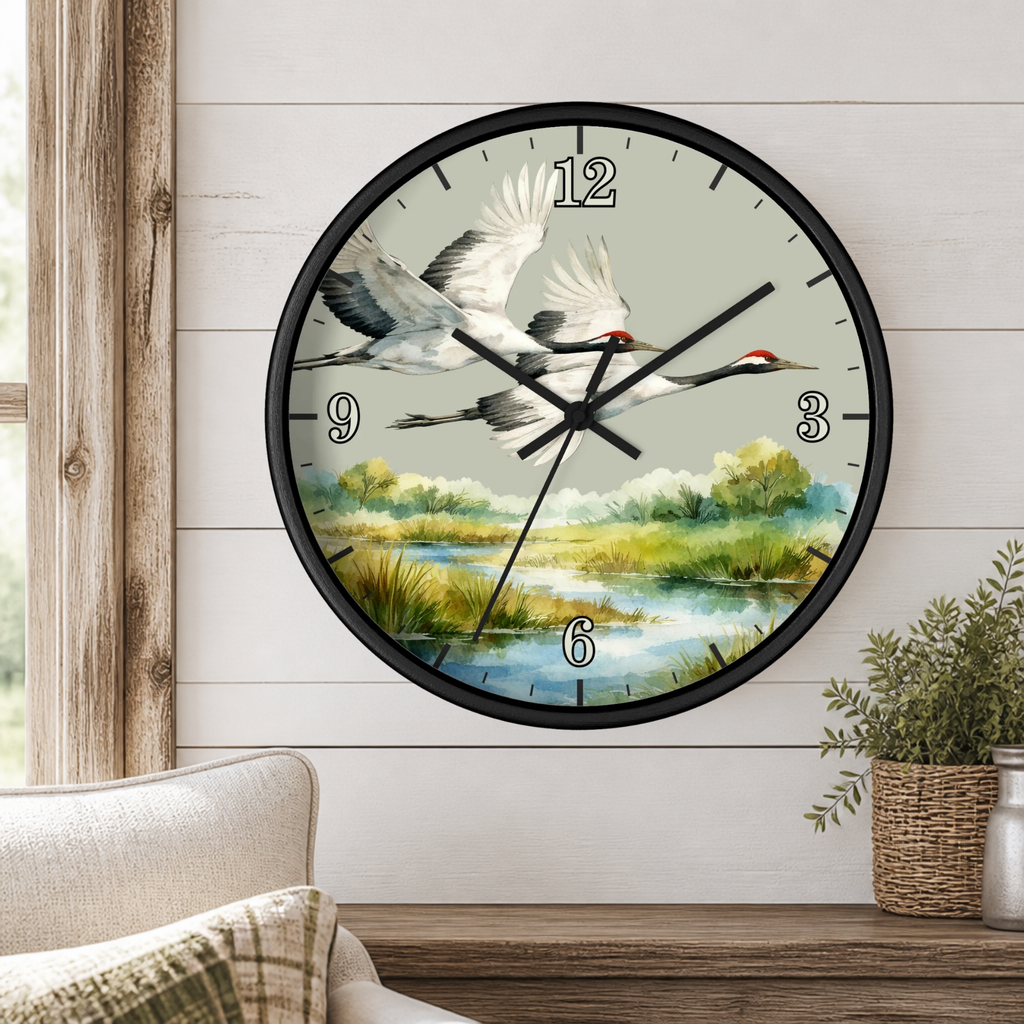 A round wall clock with a black frame hangs on a white shiplap wall above a wooden console table. The clock face features a painted scene of two flying cranes over a marsh landscape with water and green reeds.