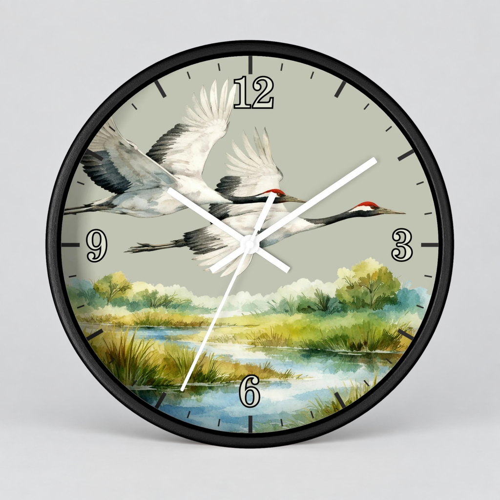 A round wall clock with a black frame and a printed nature scene on the face, showing two flying cranes over a marsh landscape with water, grass, and trees. The clock has black numerals and white hands on a light gray background.