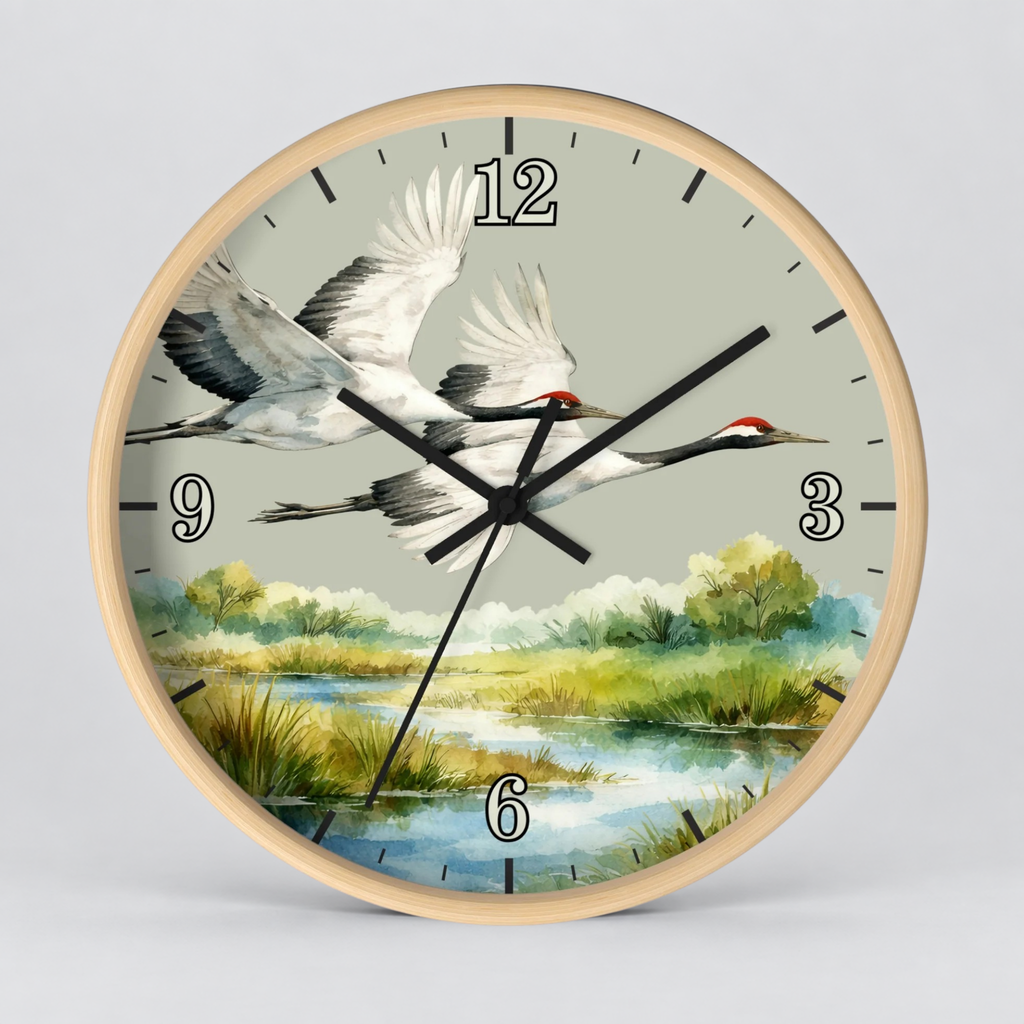 A round wall clock with a light natural wood frame and a printed scenic dial showing two flying cranes over a marsh landscape. The clock face has black Arabic numerals and black hands, photographed against a light gray studio background.