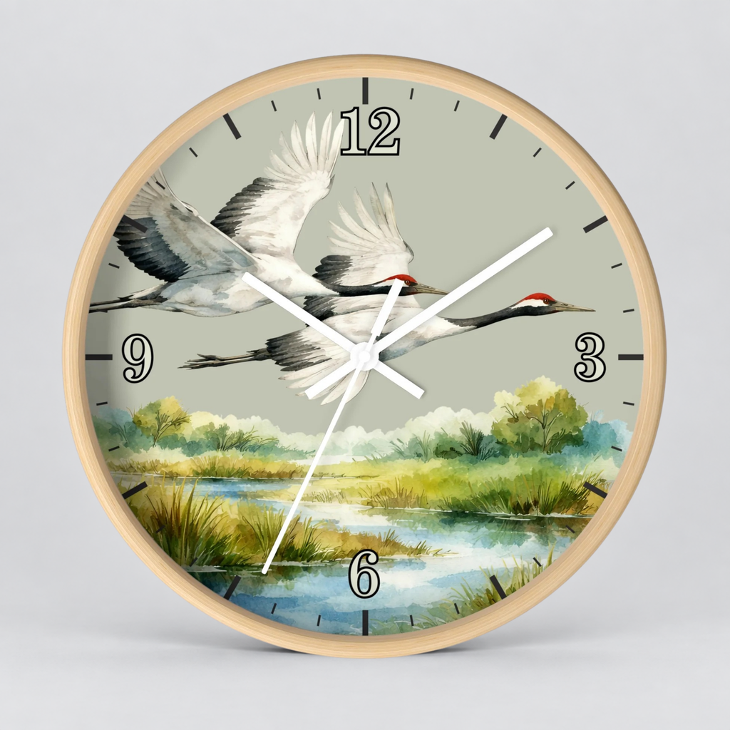 Round wall clock with a light wood frame and a printed watercolor-style scene of two flying cranes over a marsh landscape. The clock face is light gray with black numerals and white hands.