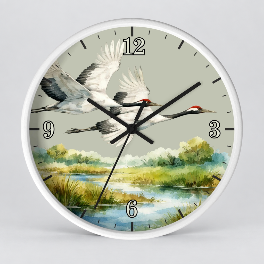 A round wall clock with a white frame and a printed scenic dial showing two flying cranes over a marsh landscape. The clock has black numerals and black hands on a light gray background.