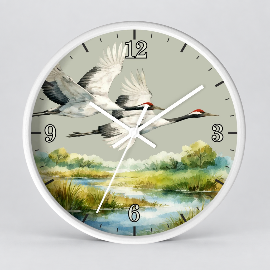 Round wall clock with a white frame and a printed nature scene featuring two flying cranes over a marsh landscape. The clock face has a muted sage background with black numerals and white hands.
