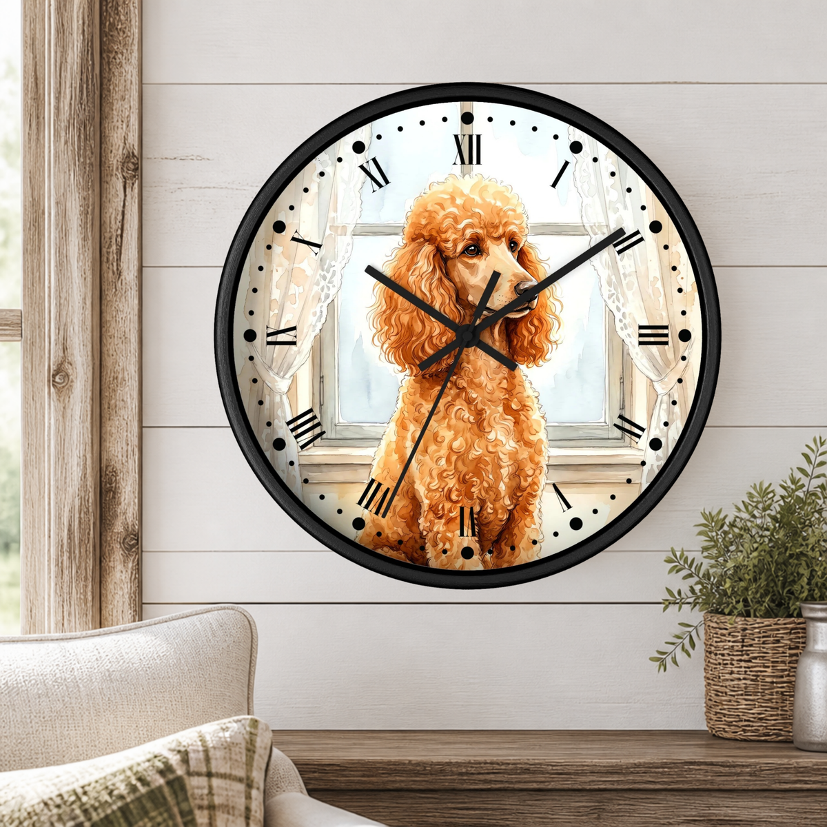 A round wall clock with a black frame and Roman numerals, featuring an illustration of a fluffy golden poodle in front of a window. The clock is mounted on a white shiplap wall above a wooden mantel with a small potted plant.