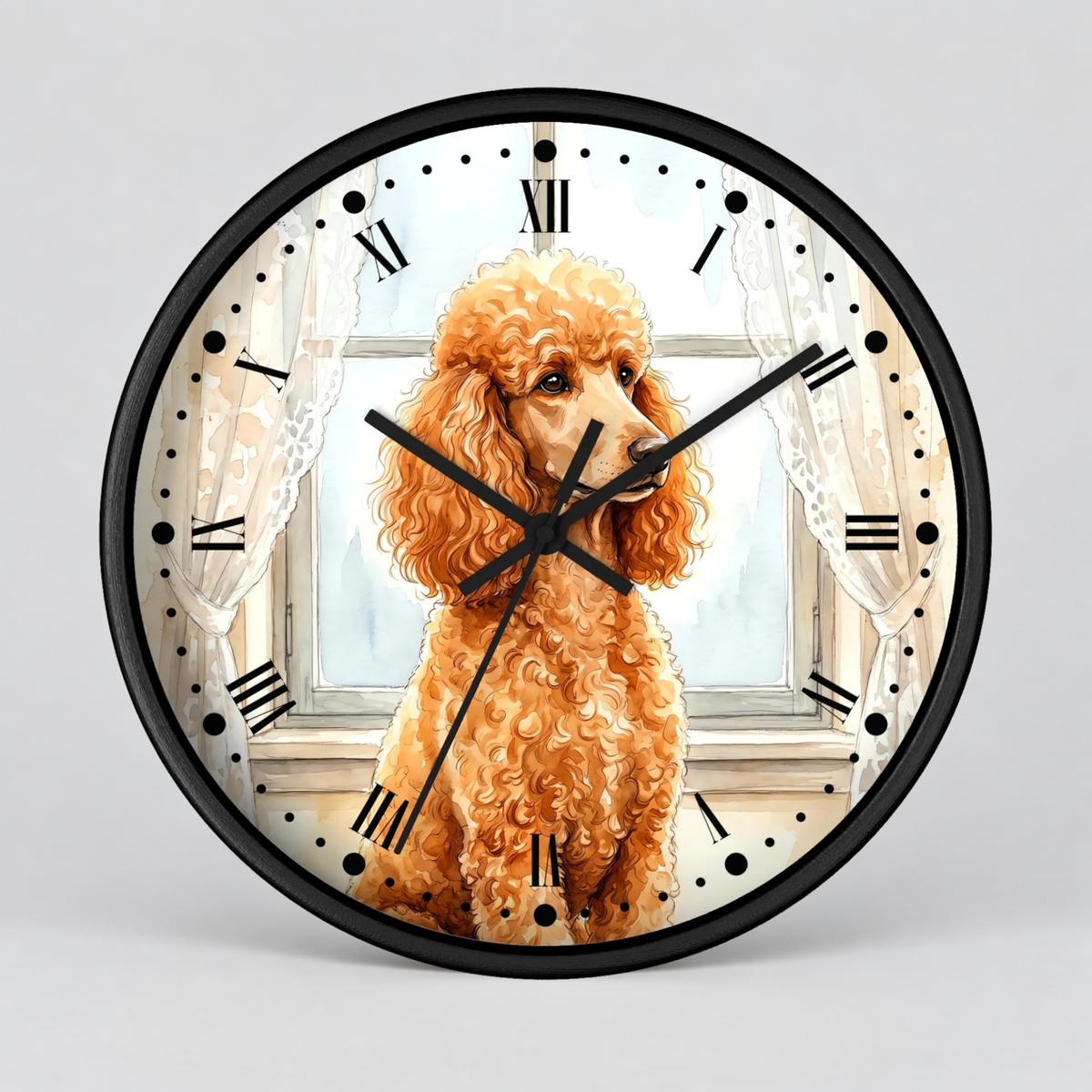 Round wall clock with a black frame and a printed illustration of a fluffy golden poodle sitting in front of a window. The clock face has black Roman numerals and black clock hands, shown on a light gray background.