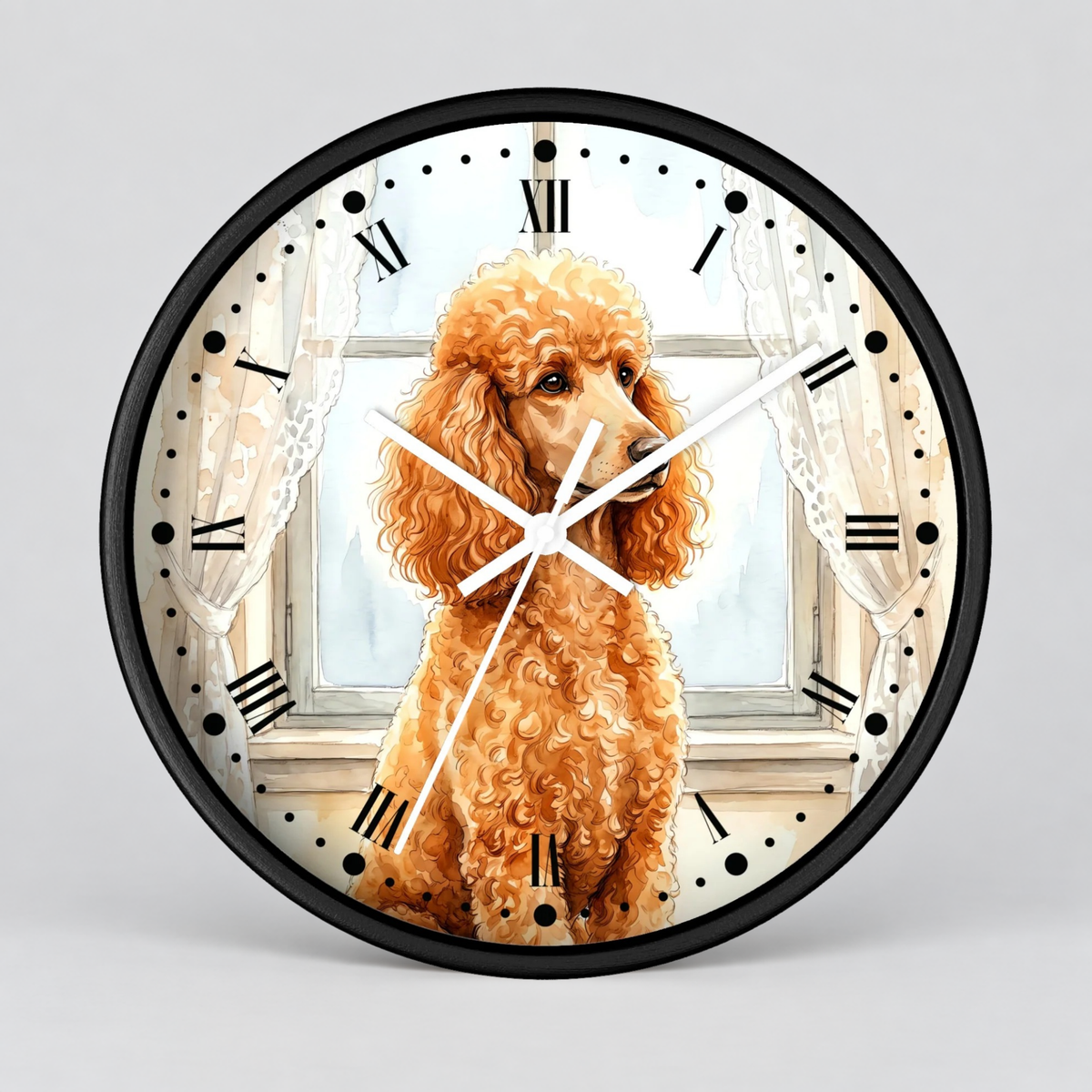 Round wall clock with a black frame and a printed illustration of a curly golden-brown poodle sitting in front of a window. The clock face has black Roman numerals, black dot hour markers, and white clock hands against a light gray background.