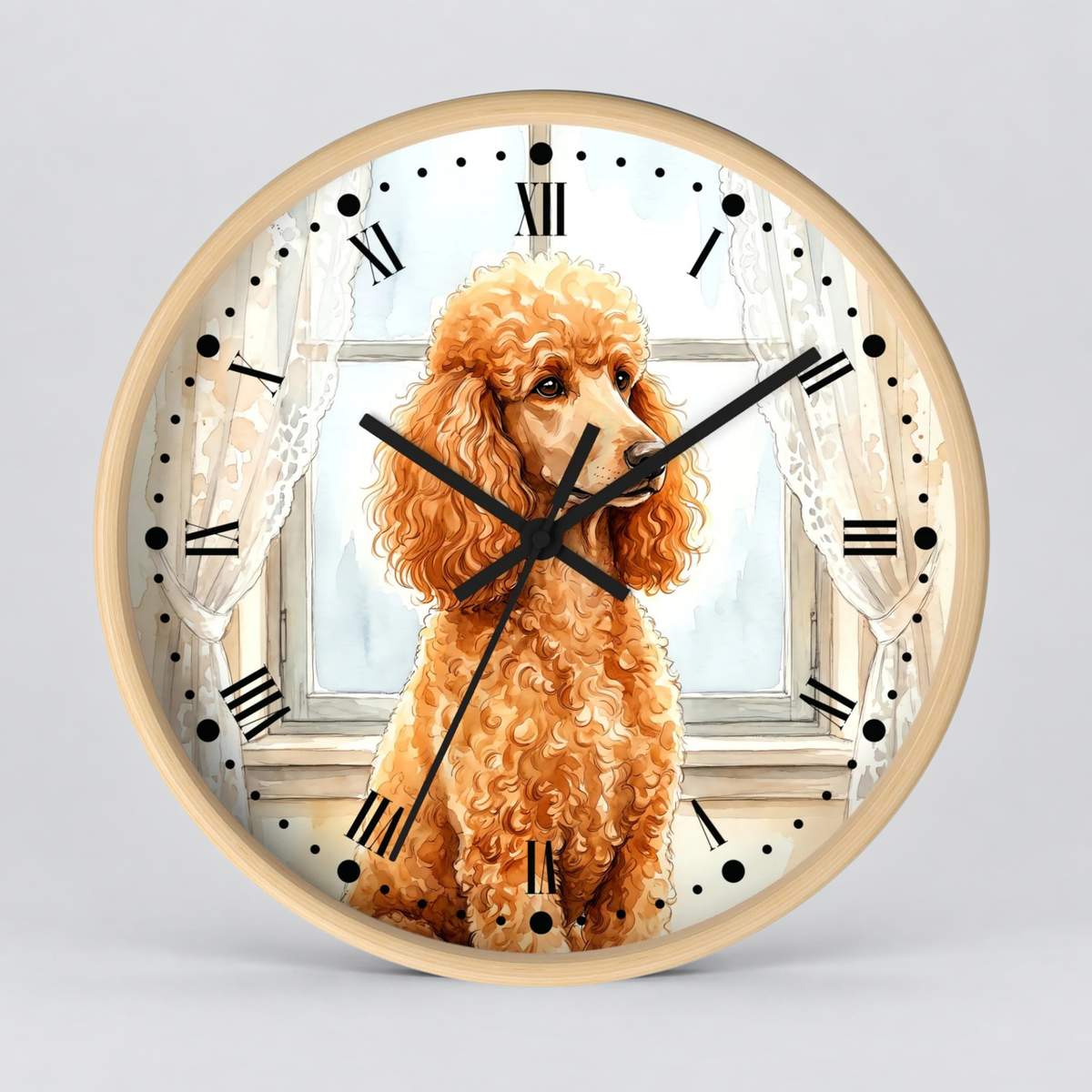 Round wall clock with a light wood frame and a printed illustration of a fluffy golden poodle sitting in front of a window. The clock face has black Roman numerals and black clock hands on a light gray background.