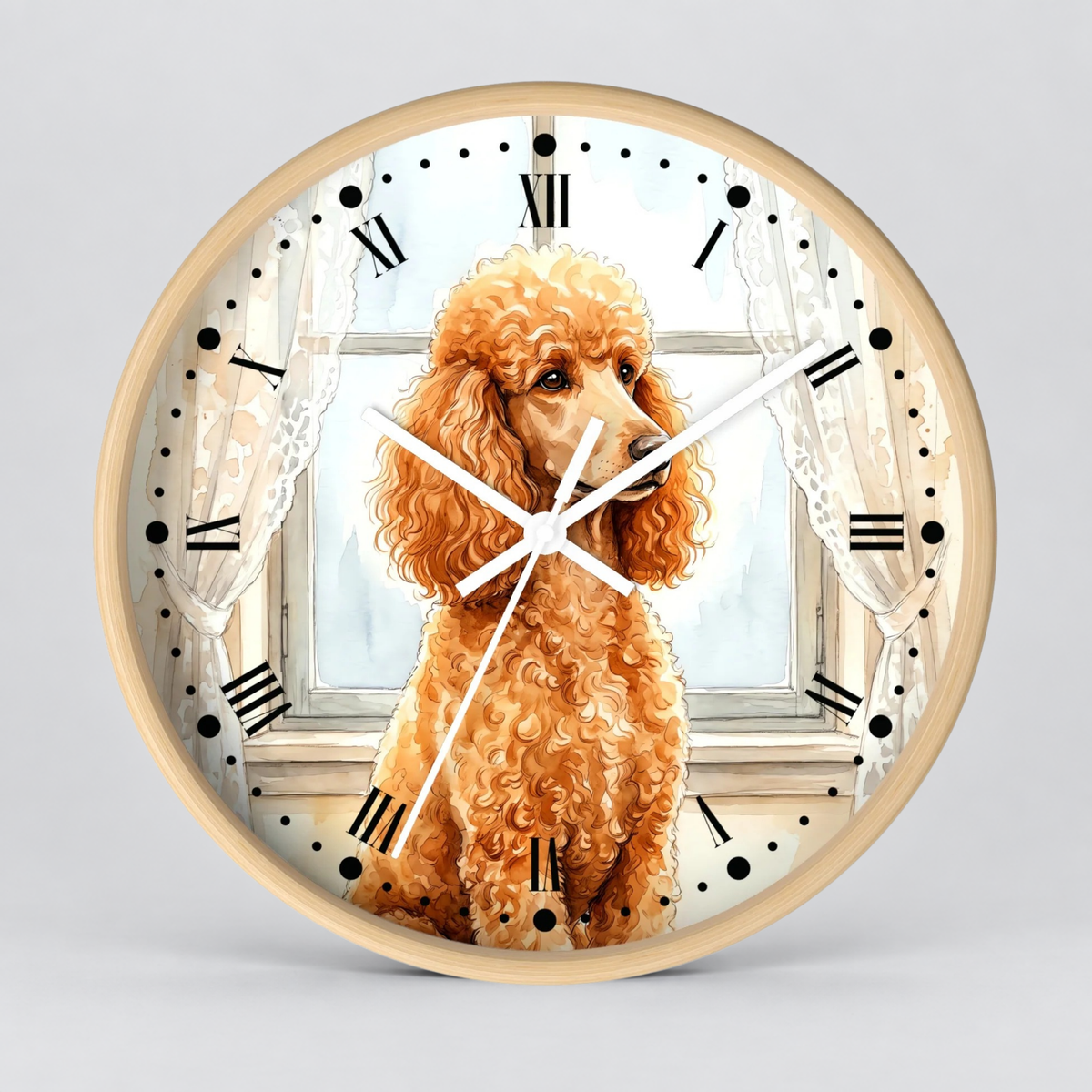 Round wall clock with a light wood frame and a printed illustration of a fluffy golden poodle sitting in front of a window with lace curtains. The clock face has black Roman numerals and white hands against a light gray background.