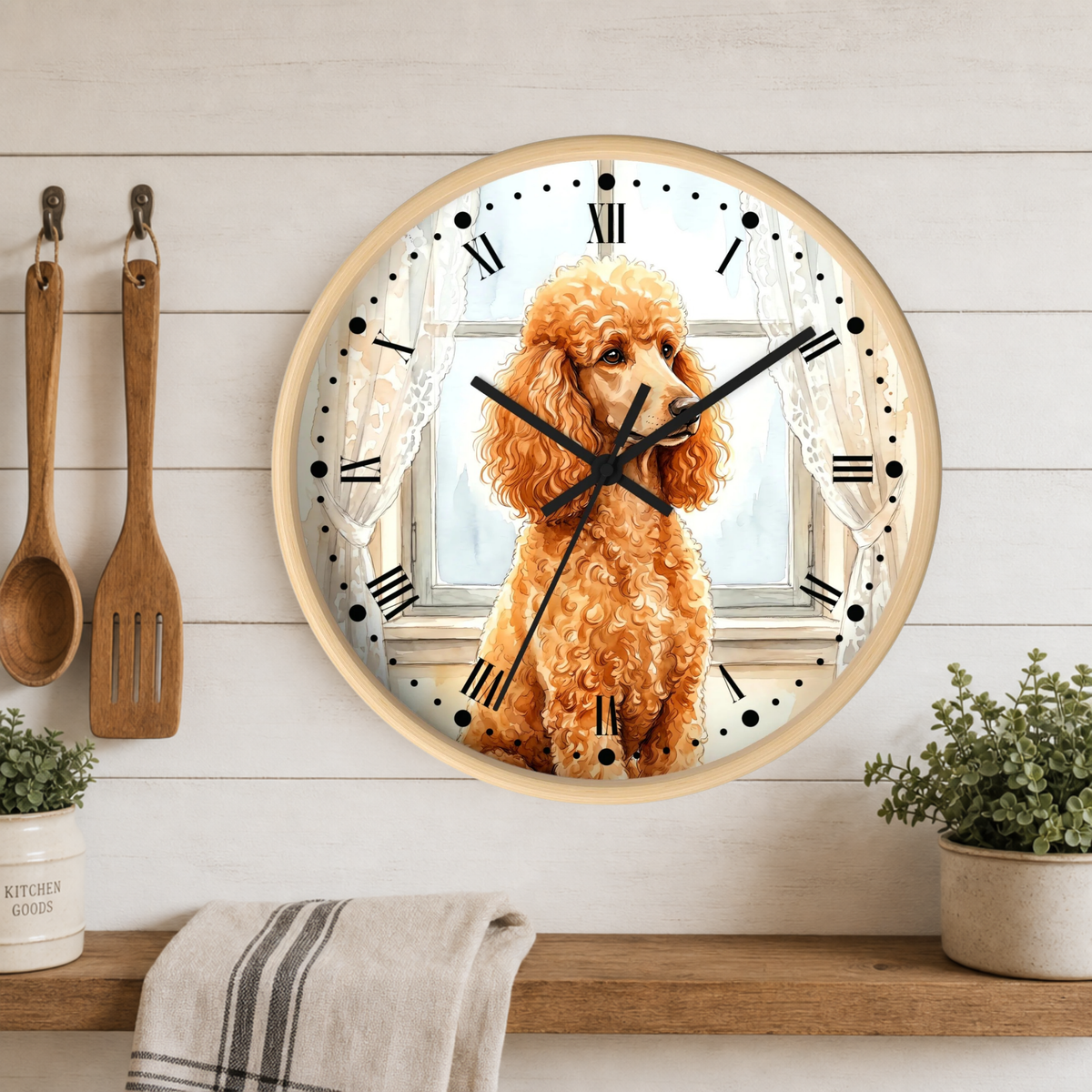 A round wall clock with a light wood frame hangs on a white wood-paneled wall above a wooden shelf. The clock face features an illustration of a fluffy golden-brown poodle sitting in front of a window.