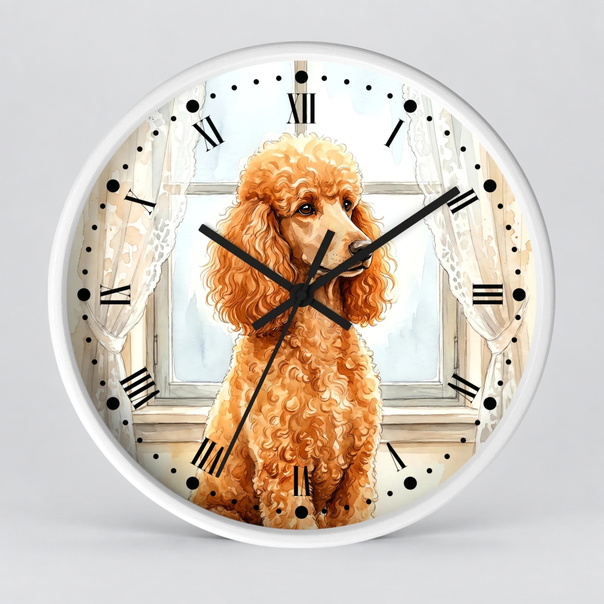 Round wall clock with a white frame and a printed illustration of a curly-haired golden poodle sitting in front of a window. The clock face has black Roman numerals, black hour and minute hands, and a thin black second hand, shown against a light gray background.