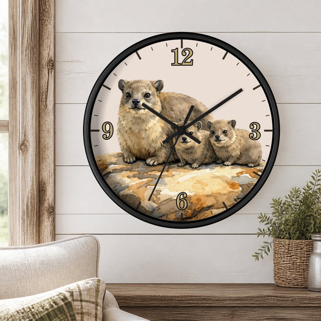 A round wall clock with a black frame and a printed illustration of a mother rock hyrax with two pups on the clock face, mounted on a white shiplap wall above a wooden mantel with a small potted plant.