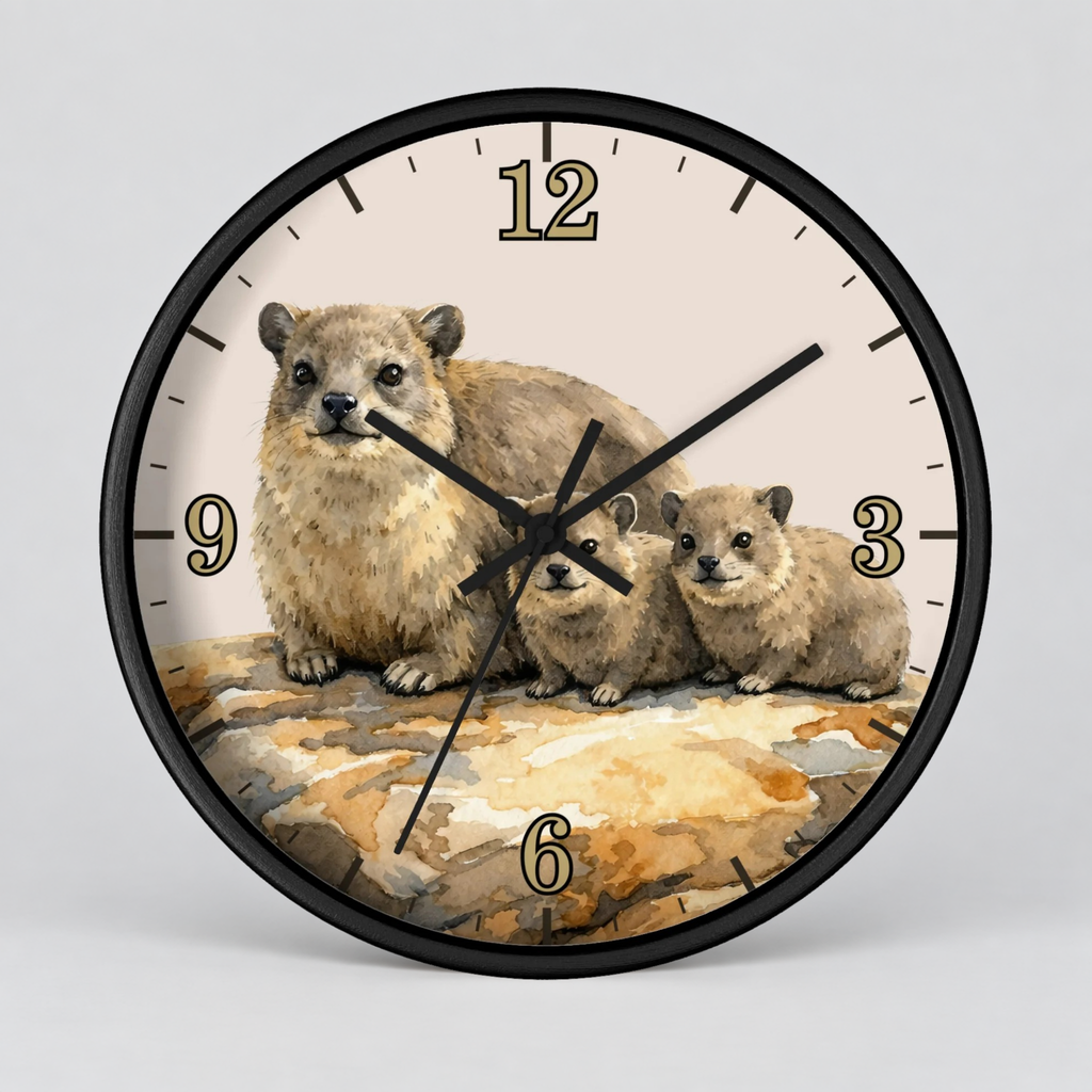 A round wall clock with a black frame and a printed illustration of three small brown animals on the face, with black clock hands and gold Arabic numerals on a light beige background.