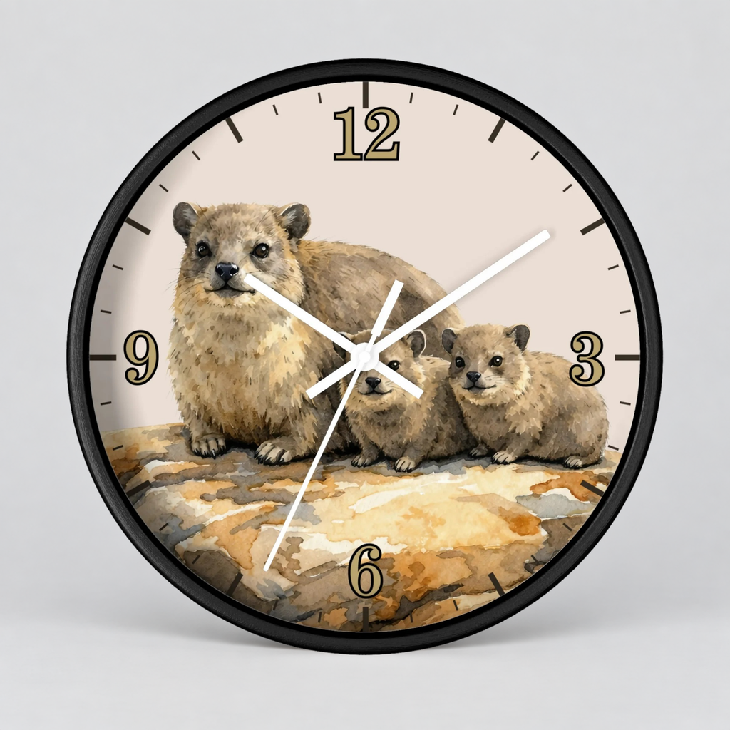 Rock Hyraxes Family Wall Clock — Watercolor Animal Decor