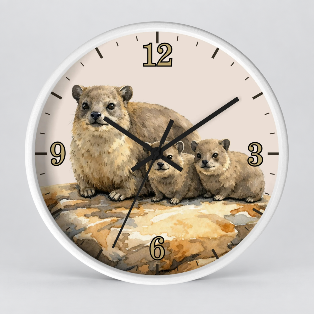 Rock Hyraxes Family Wall Clock — Watercolor Animal Decor