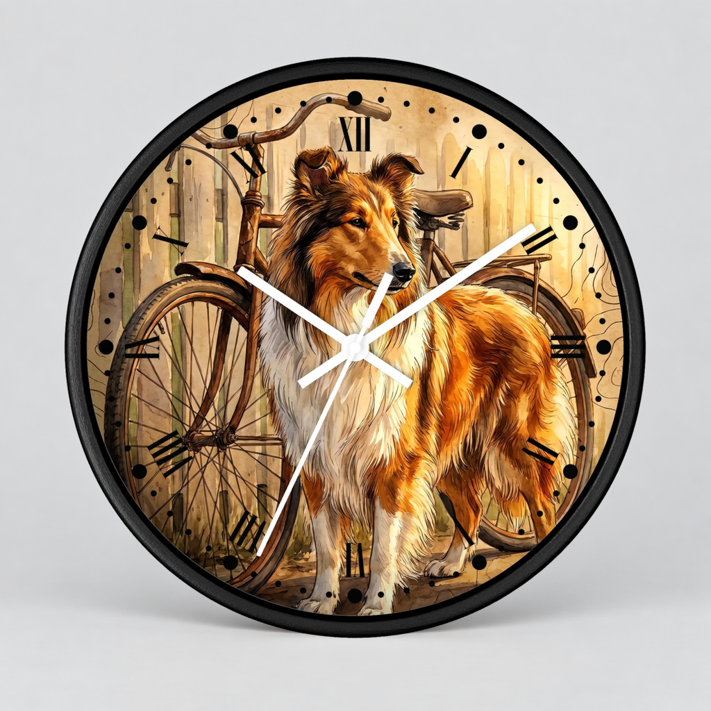 Round wall clock with a black frame, featuring a printed illustration of a collie dog standing in front of a vintage bicycle on a warm beige background with Roman numeral hour markers.
