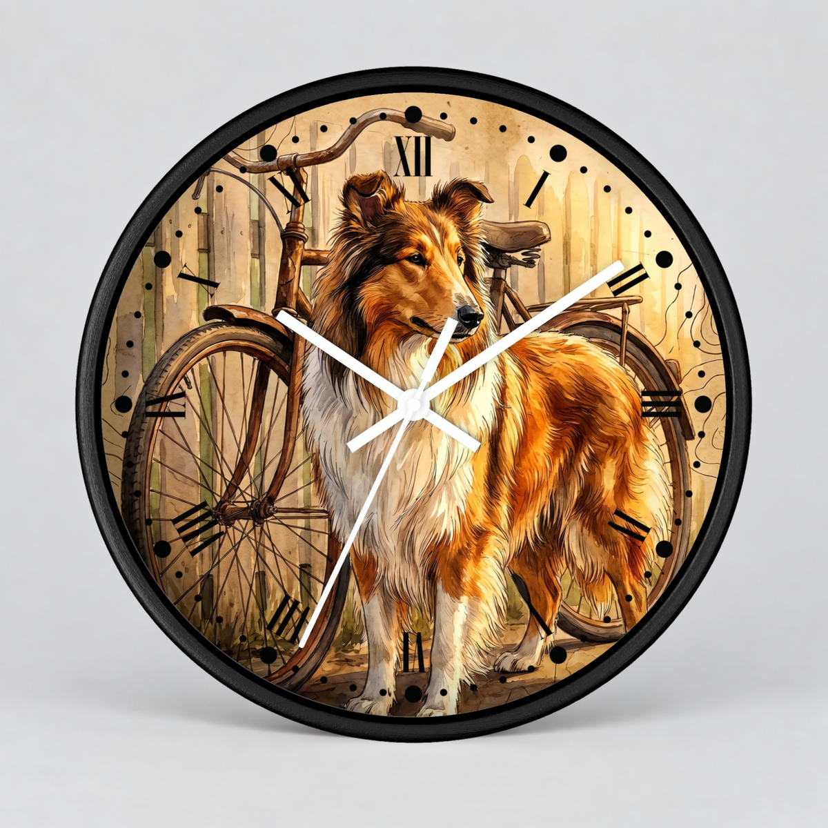 Round wall clock with a black frame, featuring a printed illustration of a collie dog standing in front of a vintage bicycle on a warm beige background with Roman numeral hour markers.