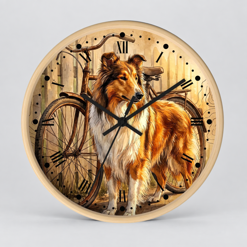 Round wall clock featuring a detailed illustration of a collie dog standing beside a bicycle on a rustic wooden fence, with a light wood-toned frame and black clock hands.