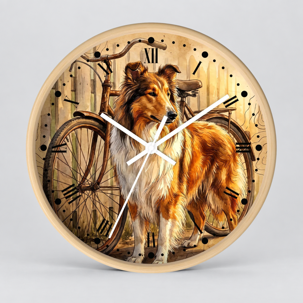 Round wall clock with a printed illustration of a collie standing in front of a bicycle, set in a light wood frame against a neutral gray background.