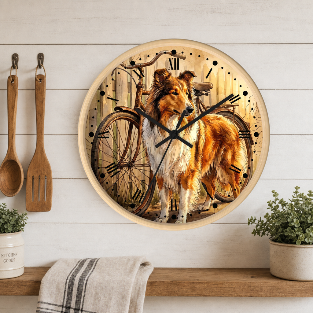 A round wall clock with a light wood frame hangs on a white shiplap wall above a wooden shelf. The clock face features a detailed illustration of a collie dog standing in front of a vintage bicycle.