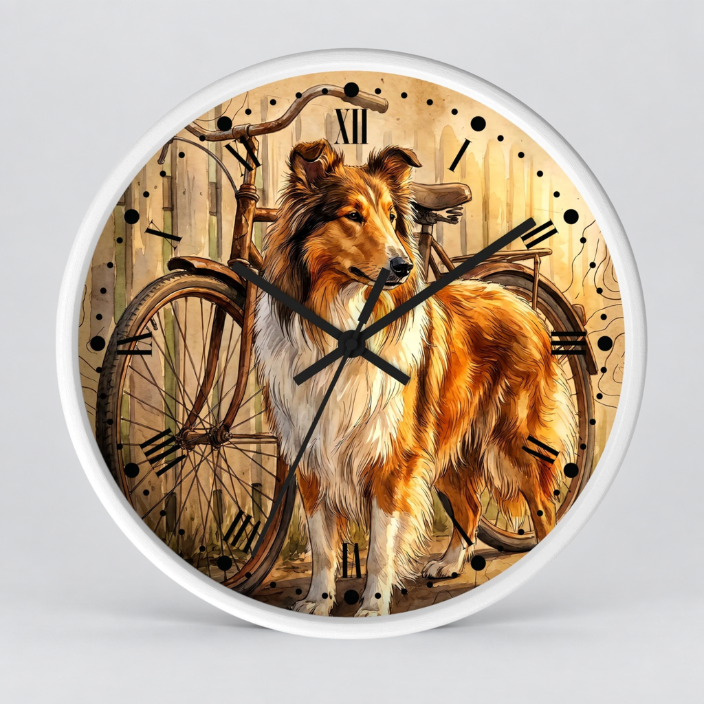 Round wall clock with a white frame and a printed illustration of a collie dog standing in front of a bicycle on a rustic wooden fence. The clock face has black Roman numerals and black clock hands, shown against a light gray background.