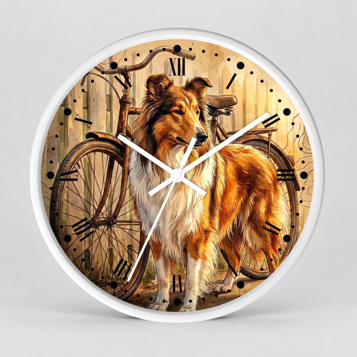 Round wall clock with a white frame and a printed illustration of a collie dog standing in front of a bicycle on a rustic wooden fence. The clock face includes Roman numerals and white clock hands, shown against a light gray studio background.