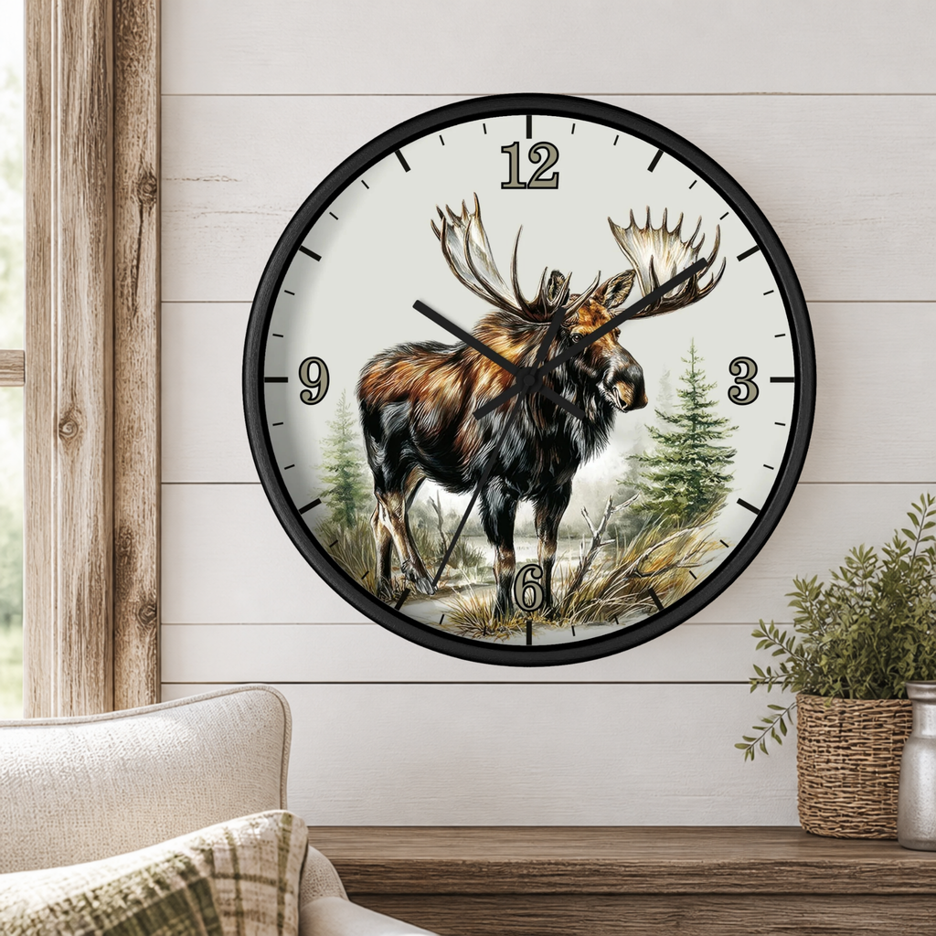 A round wall clock with a black frame and a moose illustration on the face, mounted on a white shiplap wall above a wooden mantel with a plant and part of a sofa visible.