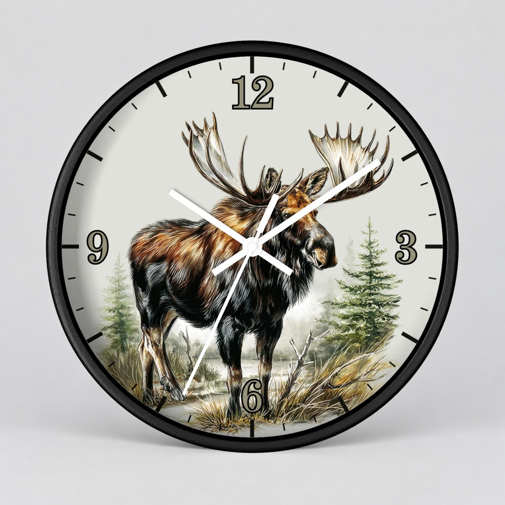 Round wall clock with a black frame and a vintage-style moose illustration on the face, with black numerals and white hands on a light gray background.