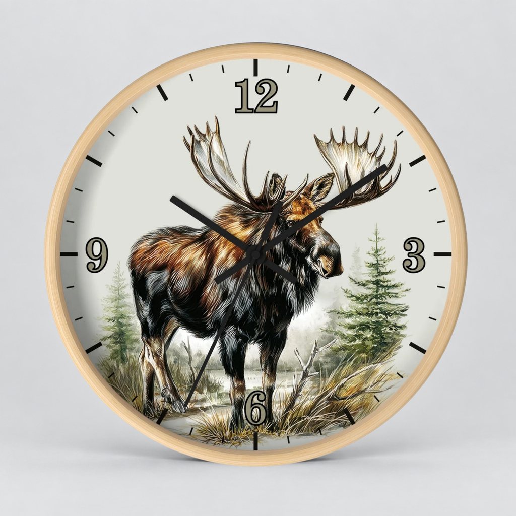 Round wall clock with a light wood frame and a detailed illustration of a moose in a forest on the clock face, set against a neutral gray background.
