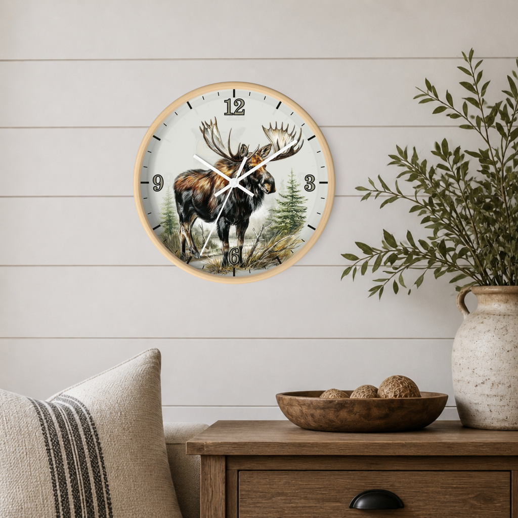 A round wall clock with a light wood frame and a white face featuring a moose illustration, hanging on a white shiplap wall above a wooden side table with a vase and bowl.