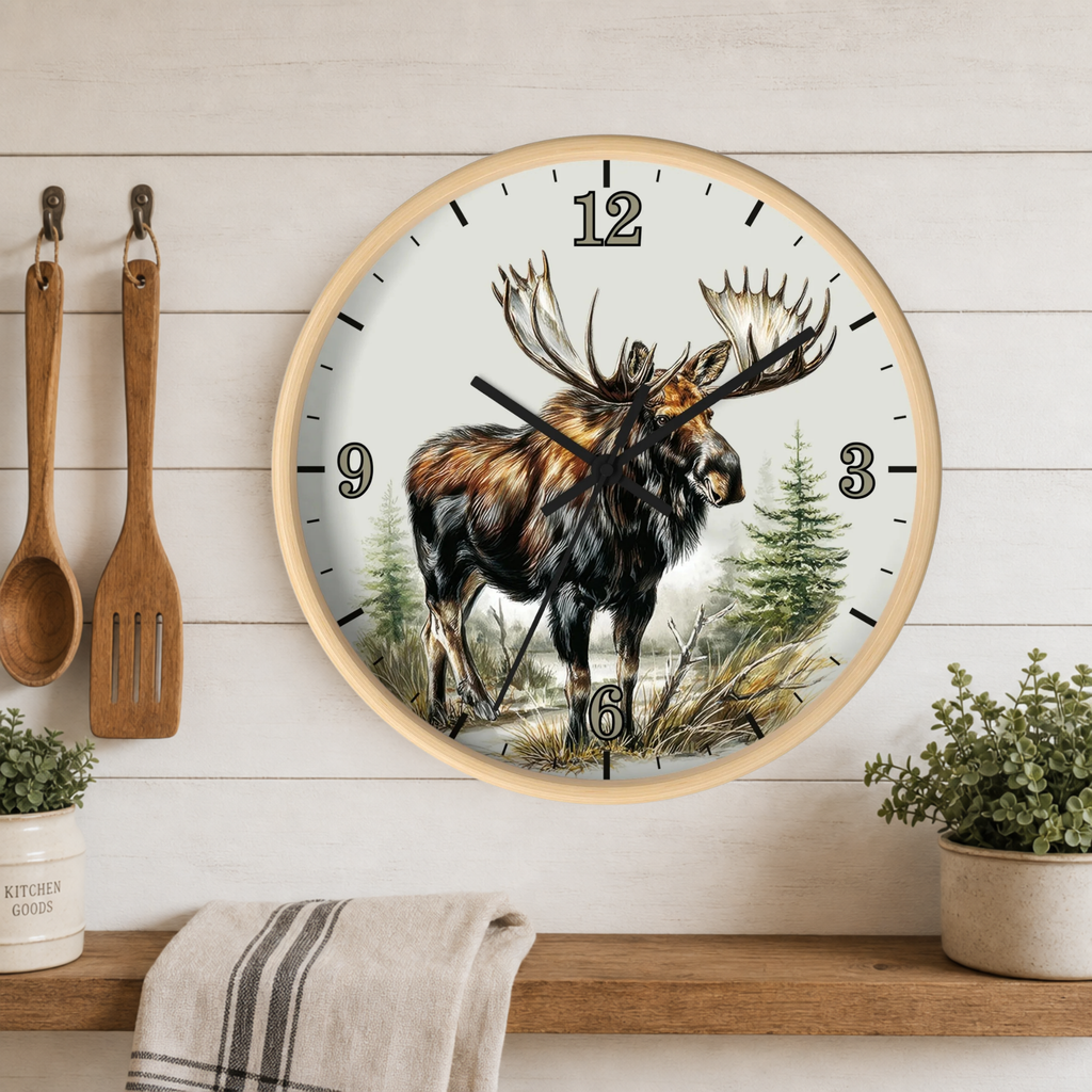 A round wall clock with a light wood frame hangs on a white wood-paneled kitchen wall above a wooden shelf. The clock face features an illustration of a moose standing in a forest with pine trees.