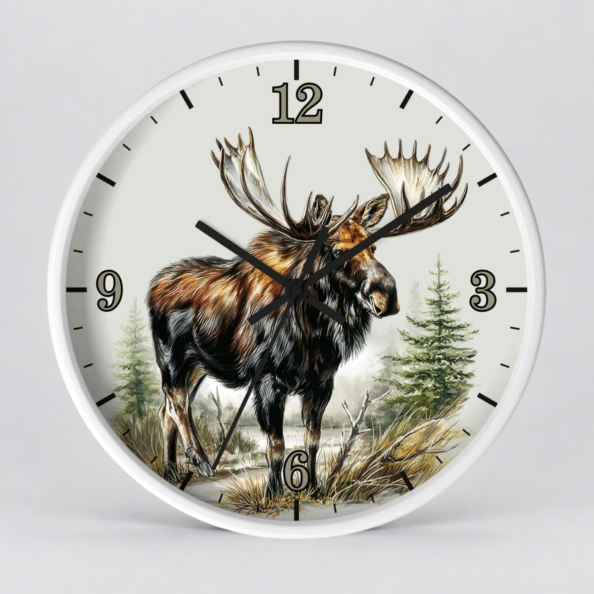 Round wall clock with a white frame and a detailed illustration of a moose standing in a forest, with black Arabic numerals and hands on a light gray background.