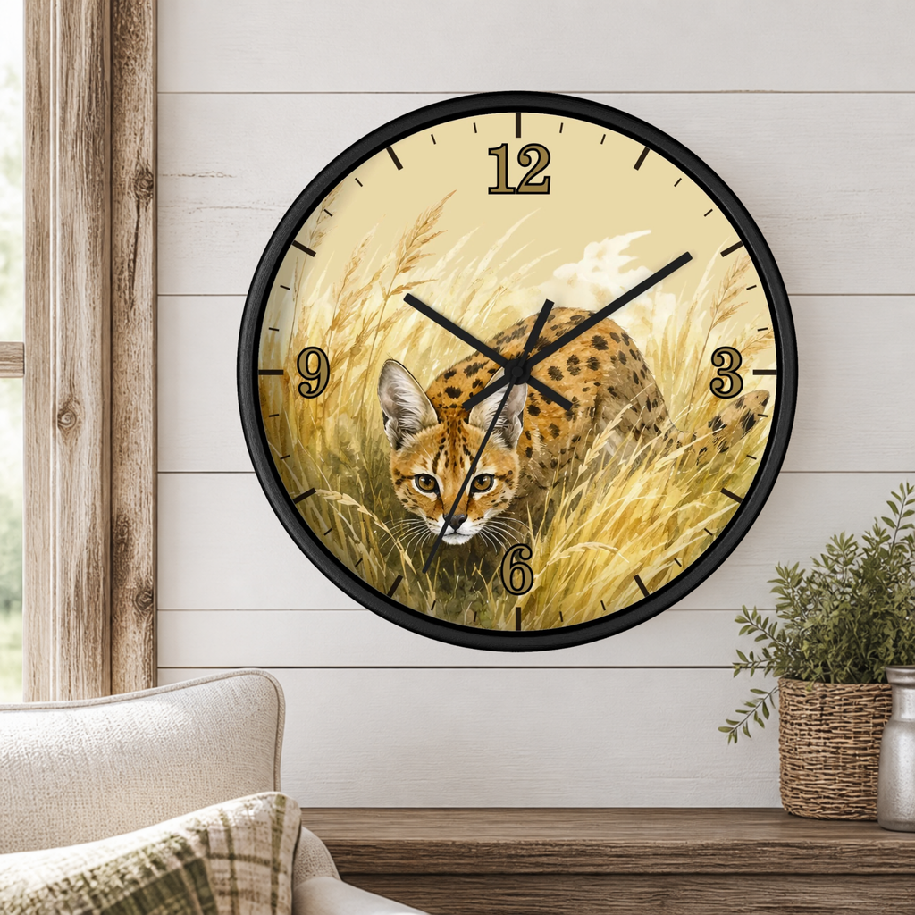 A round wall clock with a black frame and a printed design of a spotted big cat in tall golden grass, mounted on a white shiplap wall above a wooden shelf with a plant and part of a sofa visible.