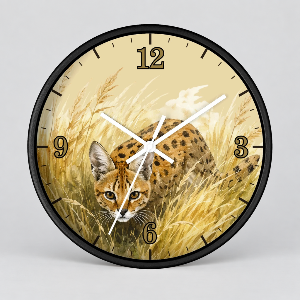 Round wall clock with a black frame and a printed safari design featuring a spotted big cat in tall golden grass. The clock face is cream with black numerals and white hands, shown against a light gray studio background.