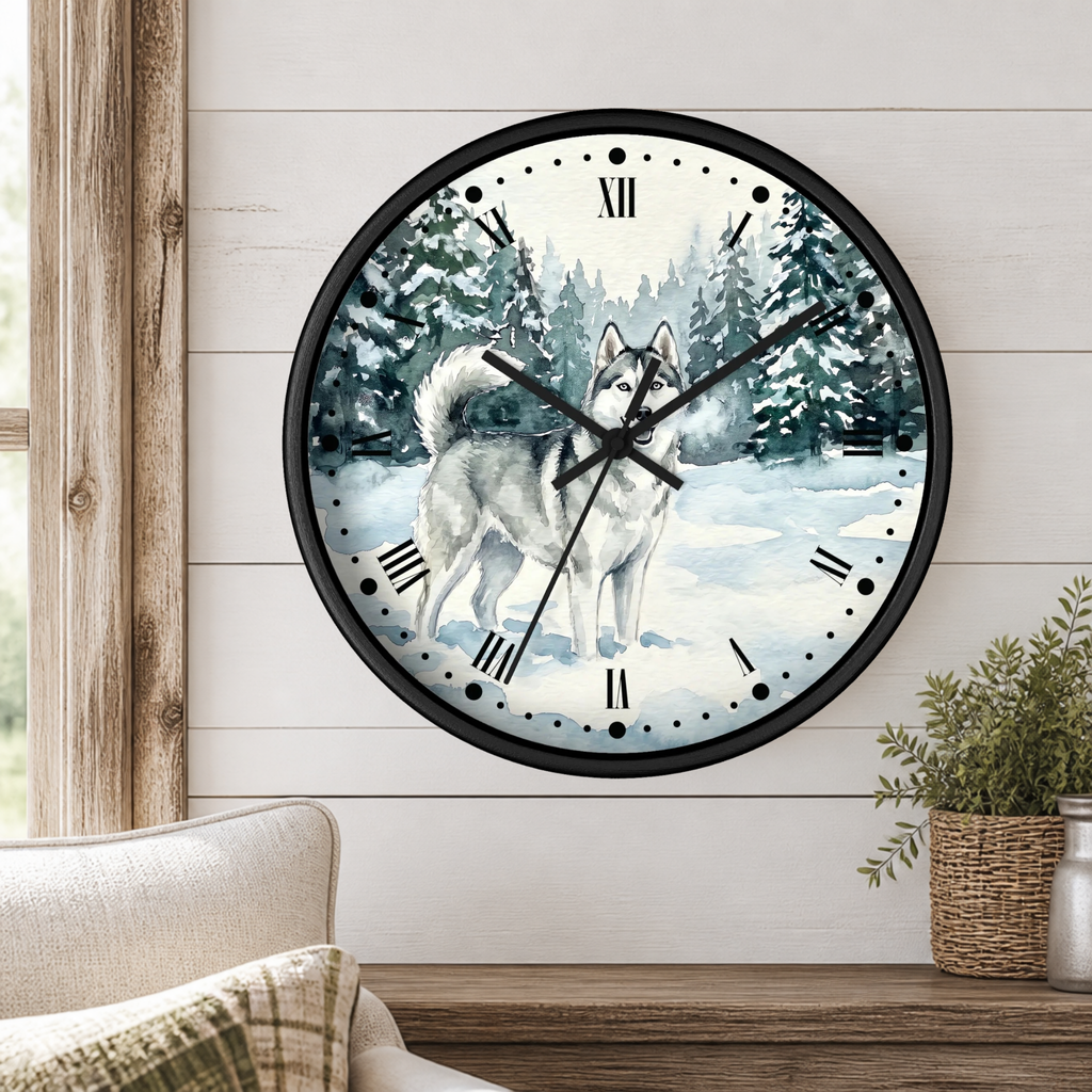 Siberian Husky Winter Wall Clock — Snowy Forest Dog Decor