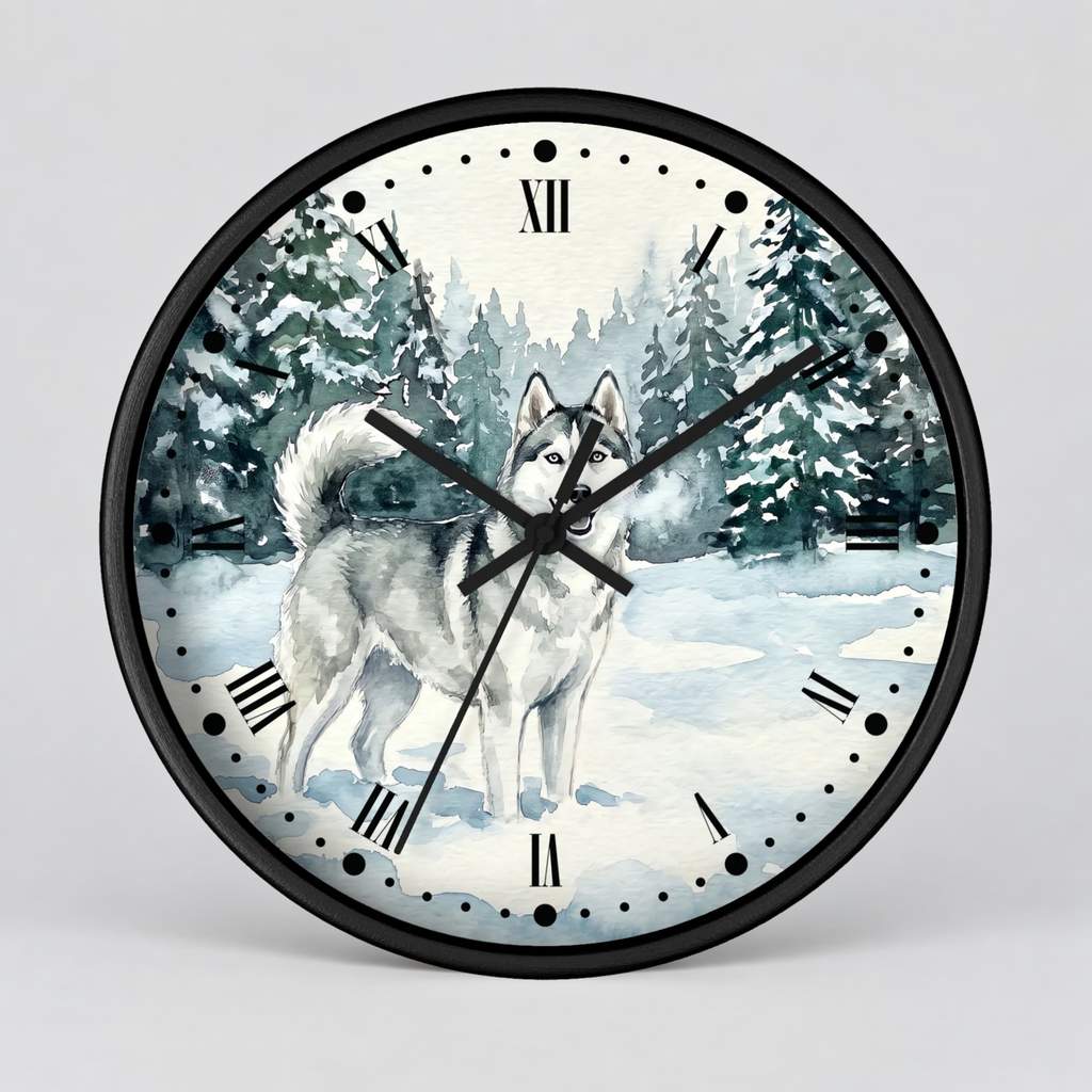 Siberian Husky Winter Wall Clock — Snowy Forest Dog Decor