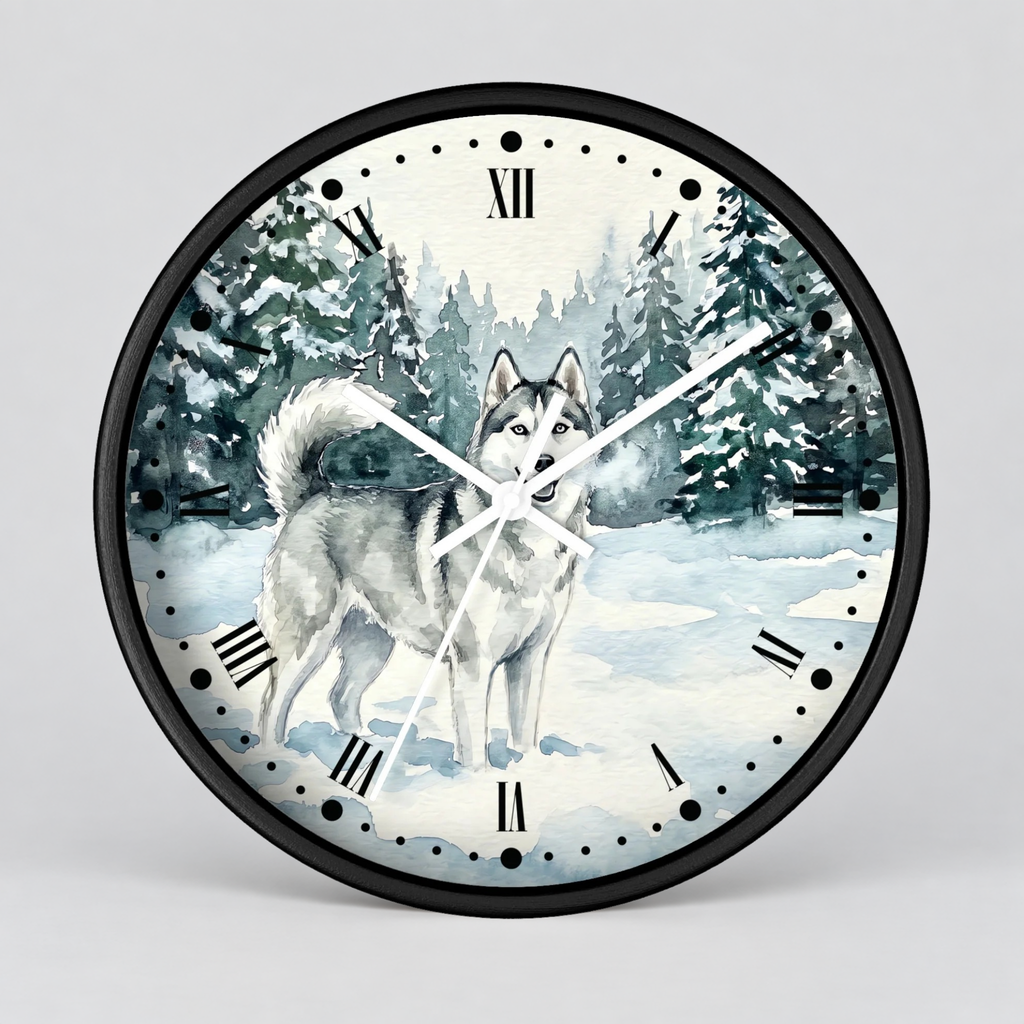 Siberian Husky Winter Wall Clock — Snowy Forest Dog Decor