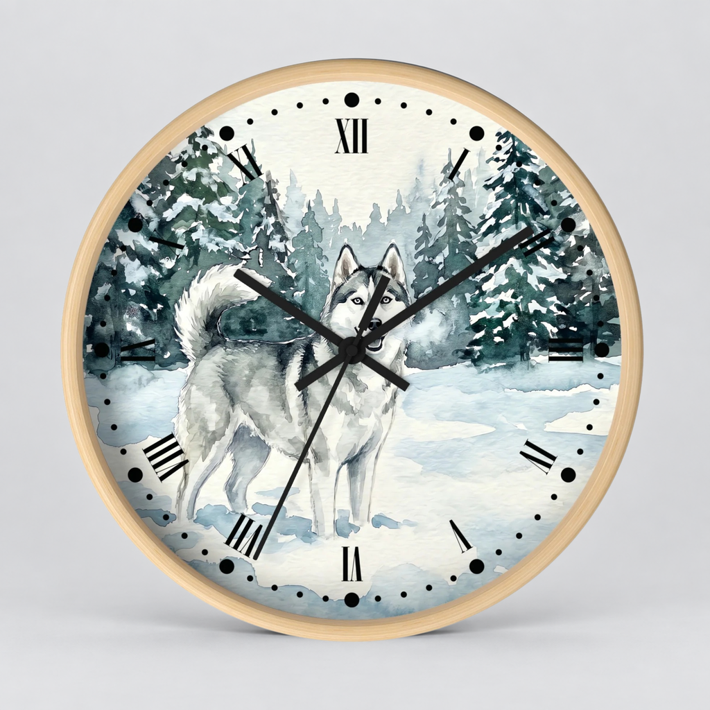 Siberian Husky Winter Wall Clock — Snowy Forest Dog Decor