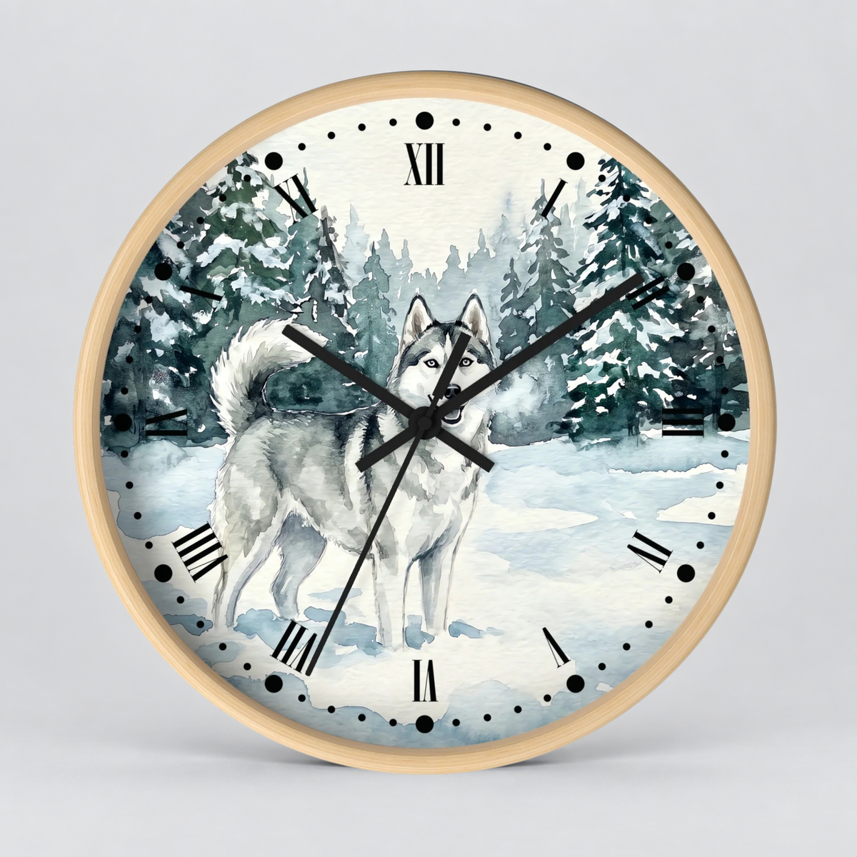 Siberian Husky Winter Wall Clock — Snowy Forest Dog Decor