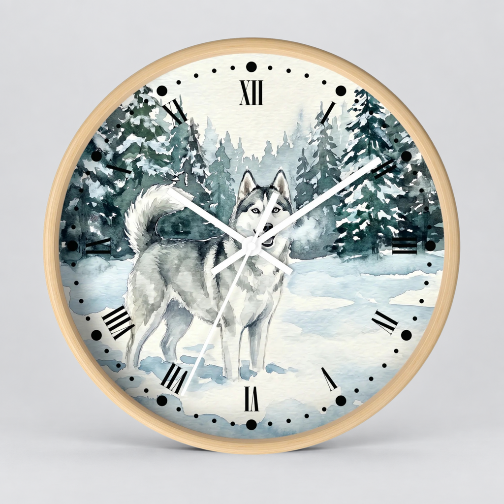 Siberian Husky Winter Wall Clock — Snowy Forest Dog Decor