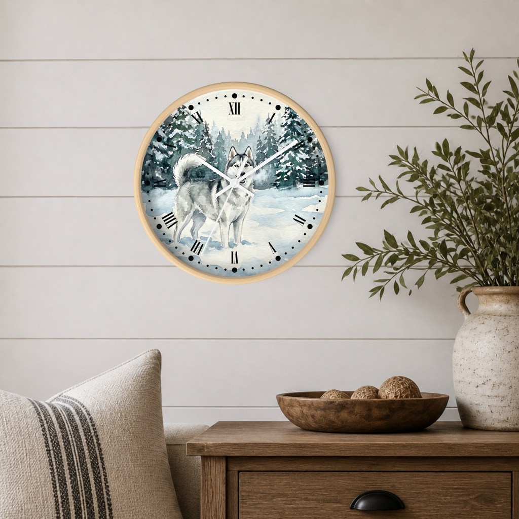Siberian Husky Winter Wall Clock — Snowy Forest Dog Decor
