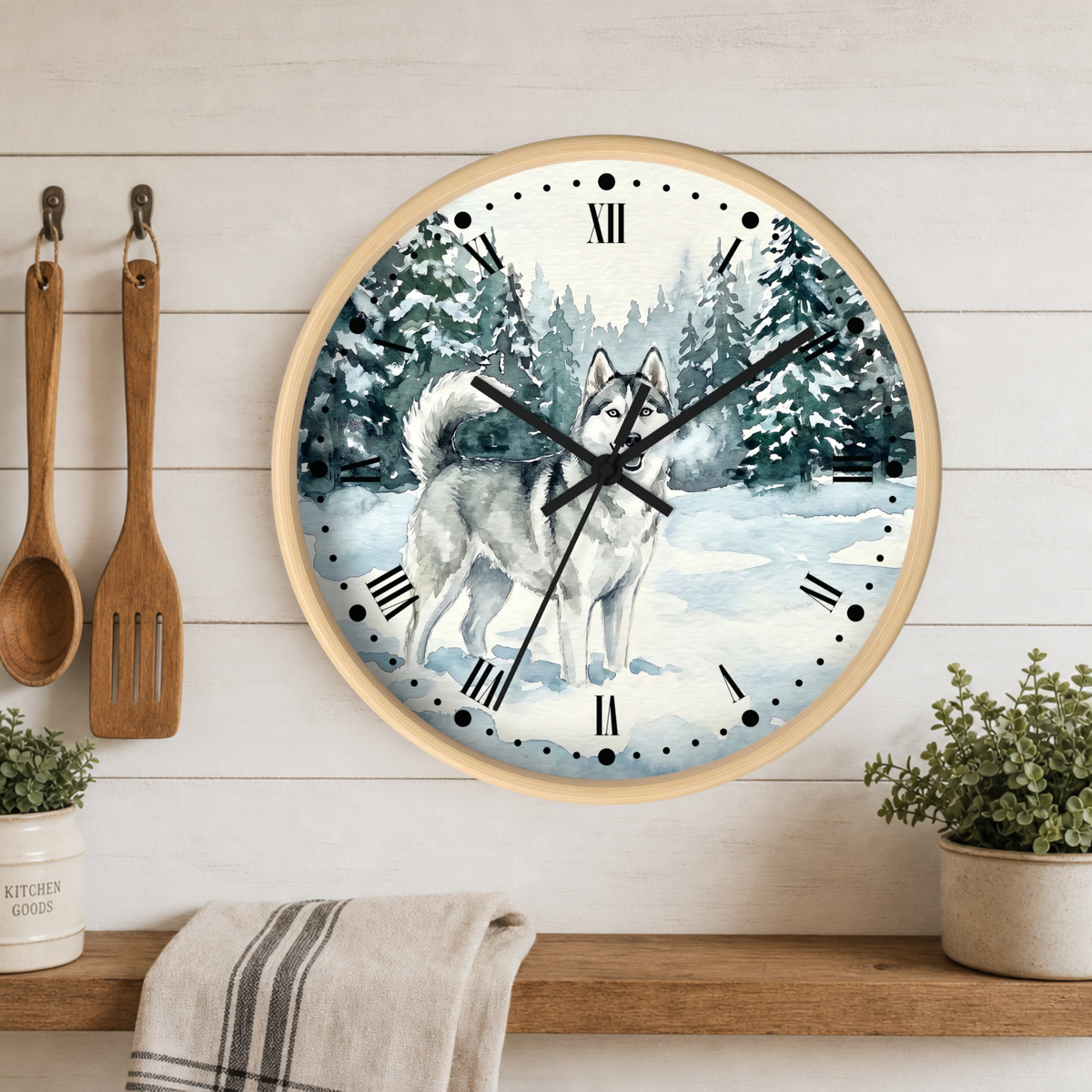 Siberian Husky Winter Wall Clock — Snowy Forest Dog Decor