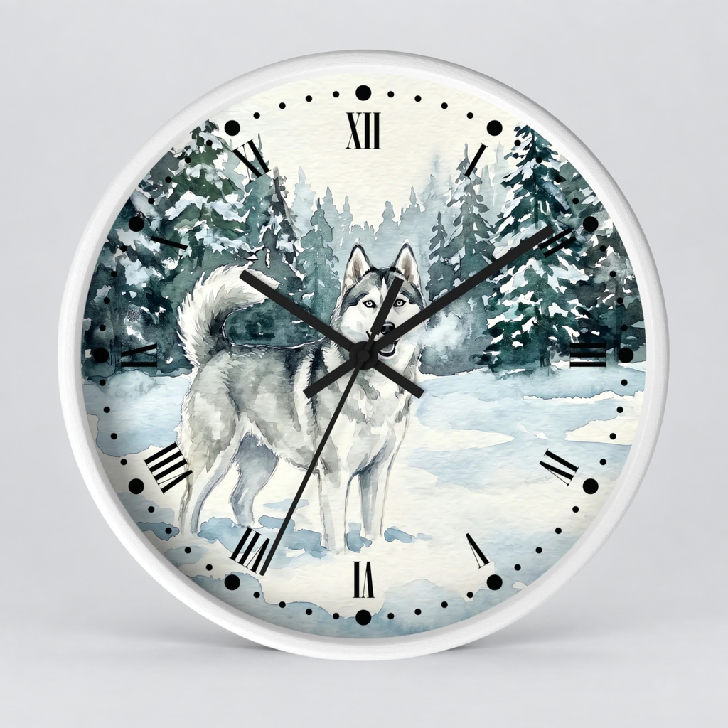 Siberian Husky Winter Wall Clock — Snowy Forest Dog Decor