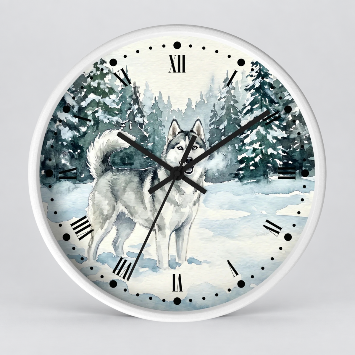 Siberian Husky Winter Wall Clock — Snowy Forest Dog Decor