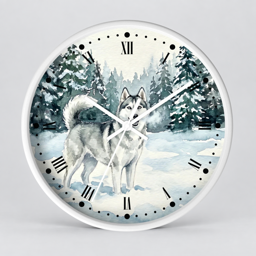 Siberian Husky Winter Wall Clock — Snowy Forest Dog Decor